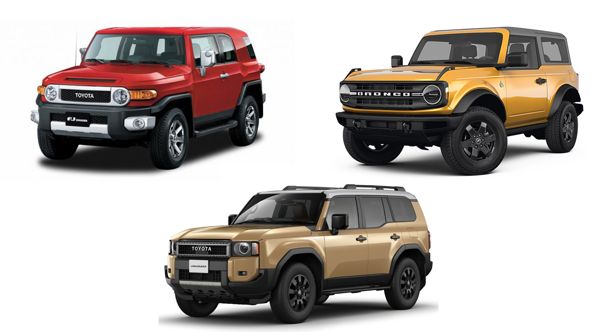 Toyota fj cruise, ford bronco and the 2024 toyota landcruiser prado.