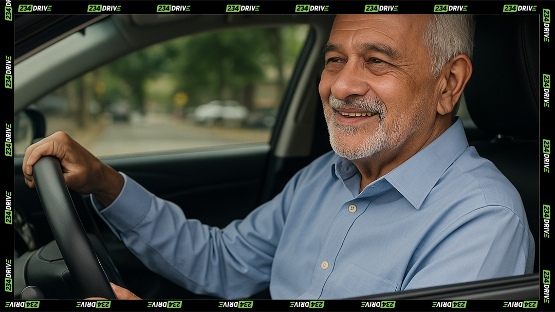 An elderly Uber driver confidently steers his car, focused and content behind the wheel.