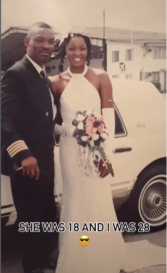 Omotola Jalade-Ekeinde and her husband Captain Matthew Ekeinde after landing from their 2001 plane wedding. Source: Omotola Jalade Ekeinde via Instagram
