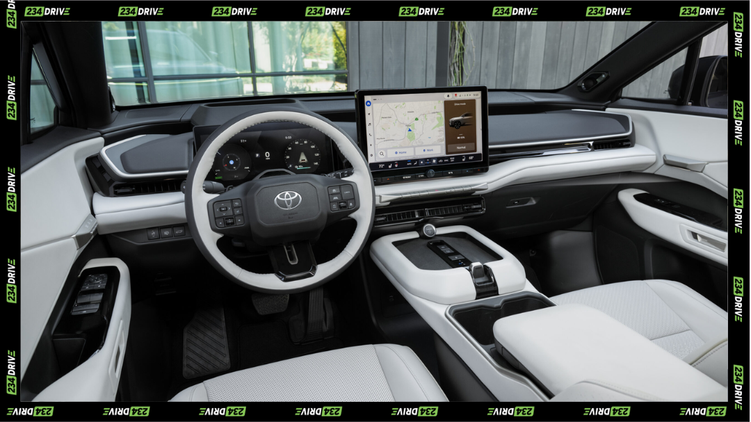 Toyota equips the Highlander EV with a 14-inch touchscreen and a 12.3-inch digital instrument cluster, with 5G capabilities.