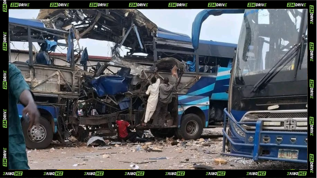 CNG Explosion tears through parked luxury buses in Kaduna motor park, leaving wreckage as responders assess damage.