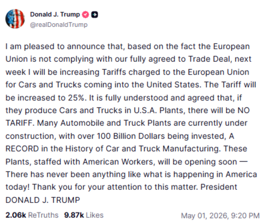 Trump’s planned 25% tariff hike could test Europe’s auto trade plans with the U.S. 