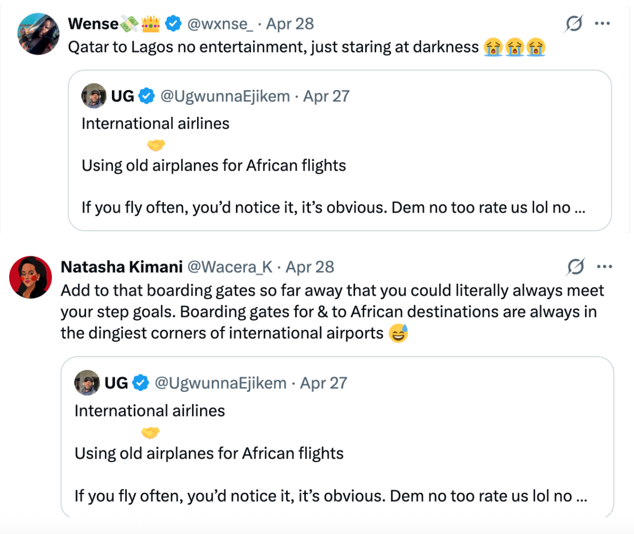International flight to African destinations compliants.
