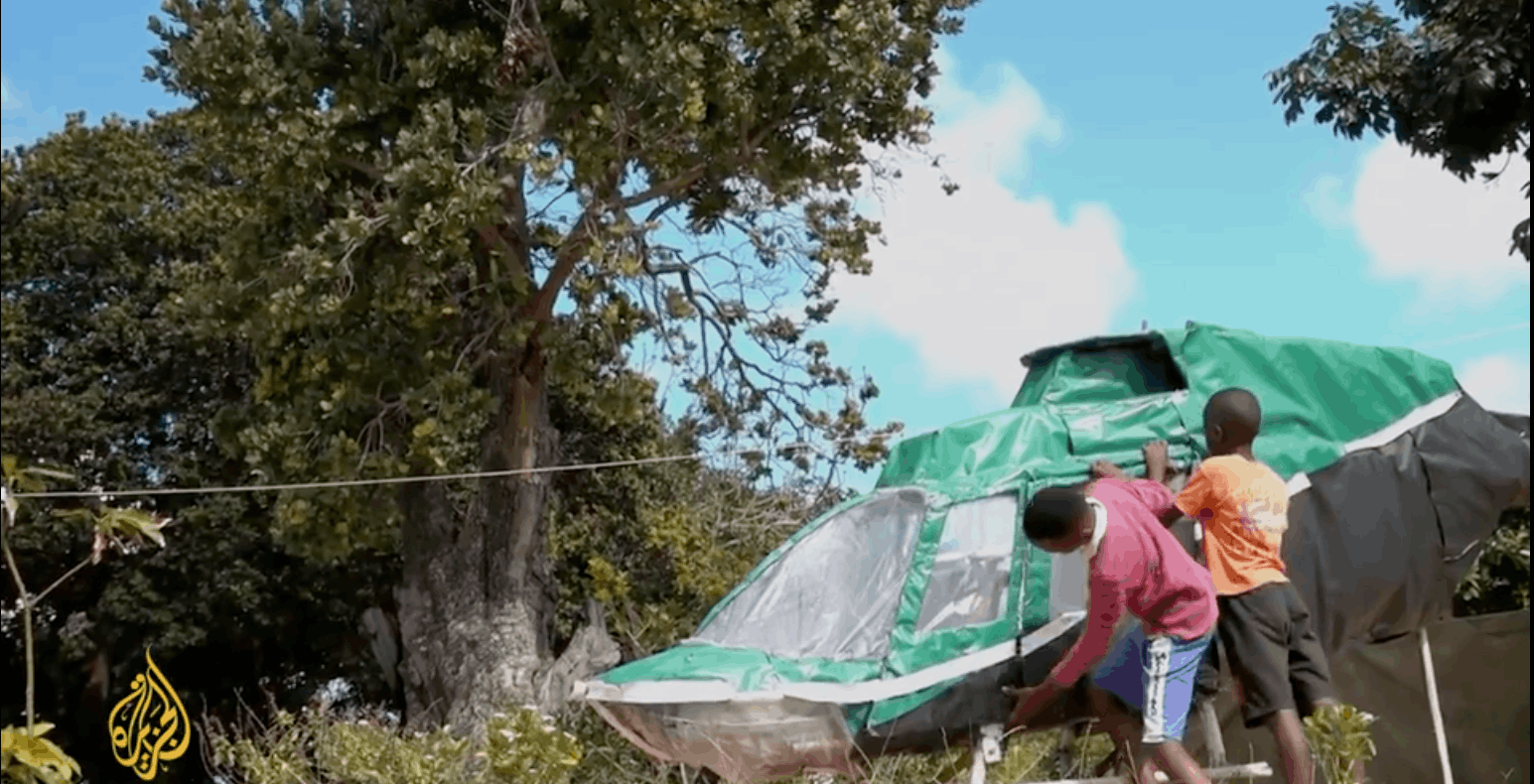Luciano Armindo's life-sized helicopter, made from wooden sticks, metal wiring and cardboard. 
