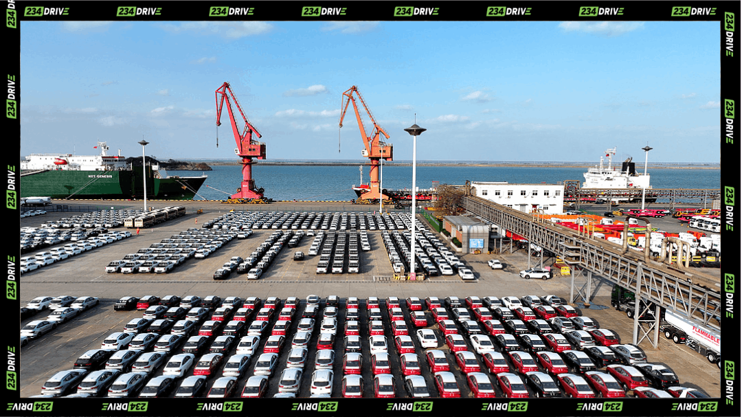Automobiles at the port prior to being transported on-row.
