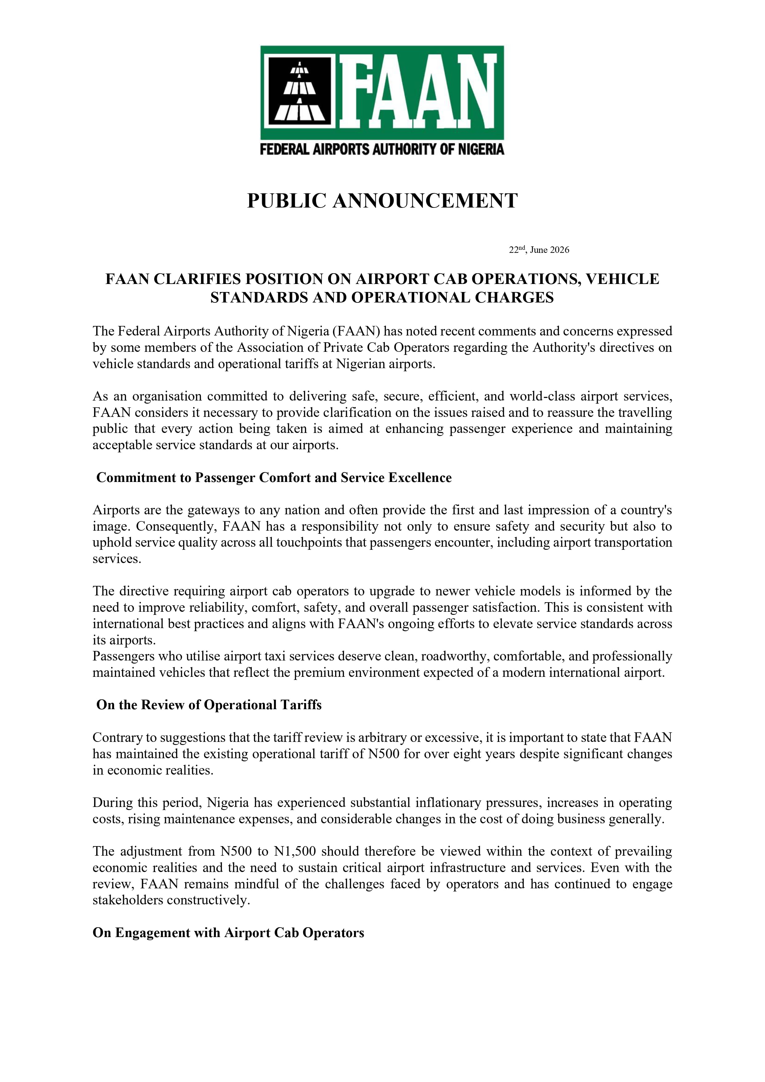 Announcement by the Federal Airports Authority of Nigeria via Official X account
