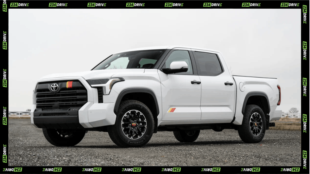 White Toyota Tundra pickup parked outdoors with a 234Drive branded border.