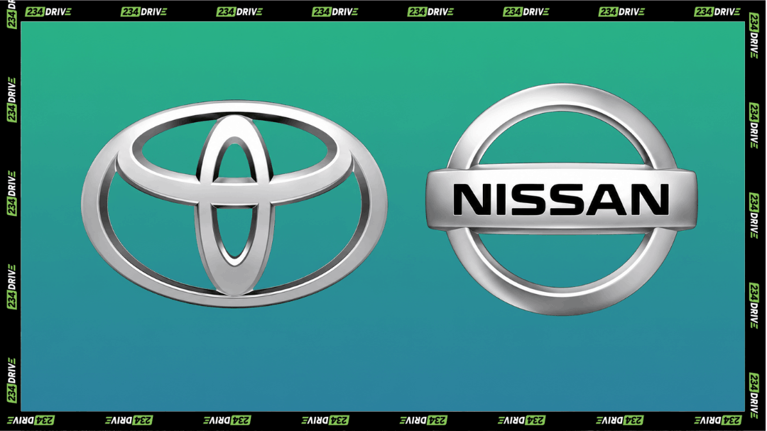 Toyota and Nissan logos displayed side by side on a teal background.