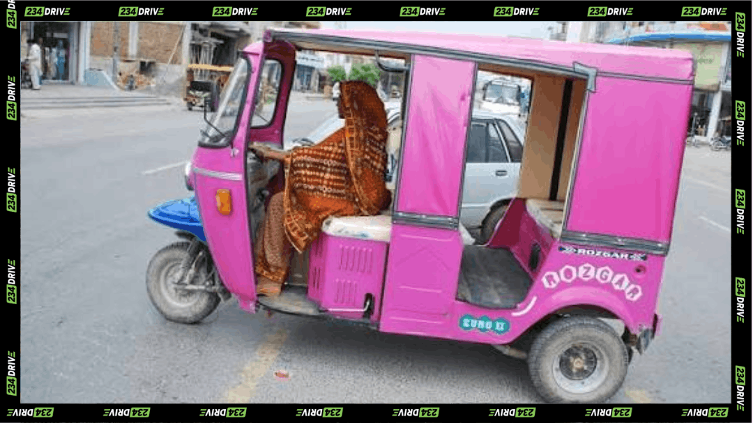 A woman drives a pink electric keke through Kano, part of Mata Zalla’s women-only transport project for female passengers in northern Nigeria.