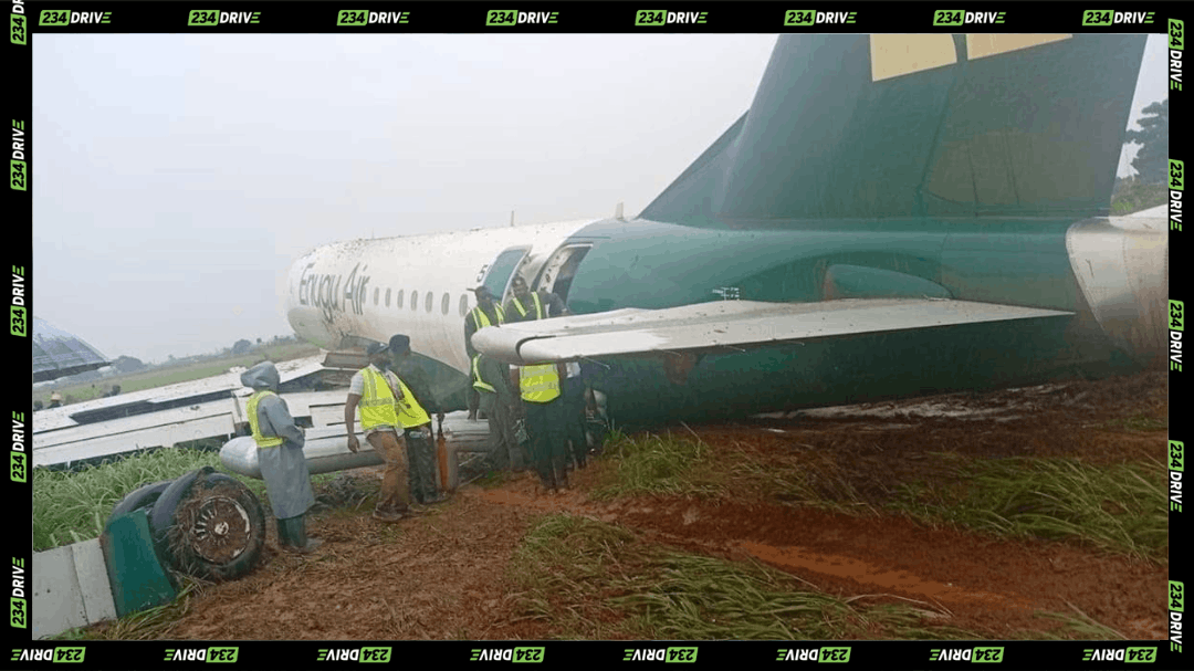 Breaking news image shows Enugu Air aircraft off the runway at Benin Airport as emergency teams inspect the plane after landing.
