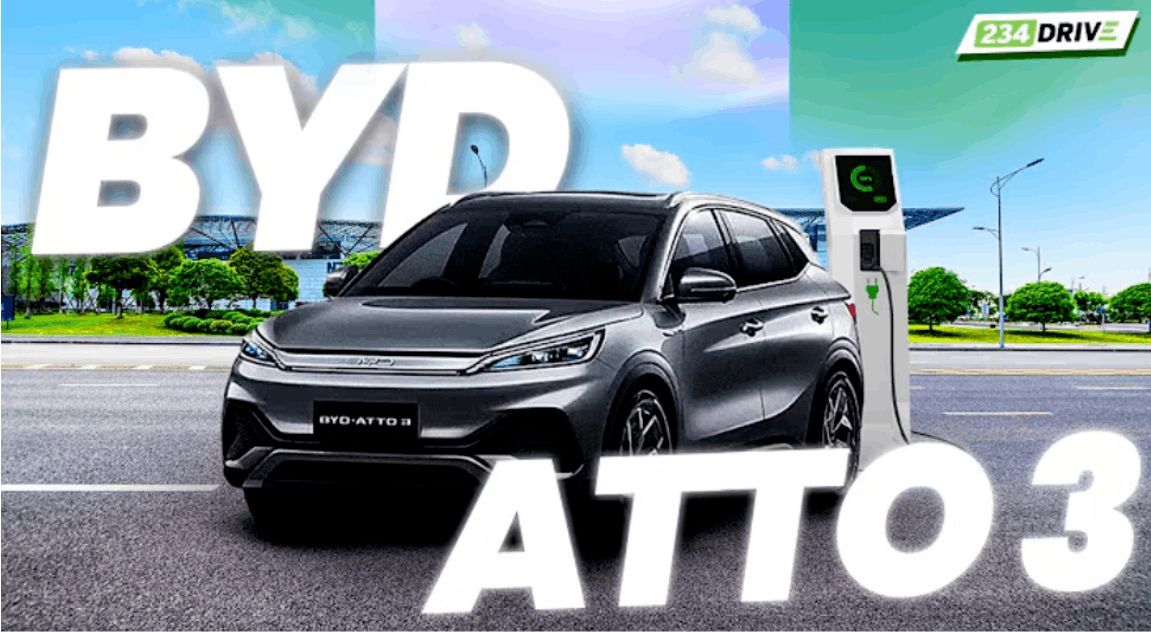 BYD Atto 3 beside an EV charger highlights the 49.92kWh battery used to test Nigeria’s home solar charging costs.