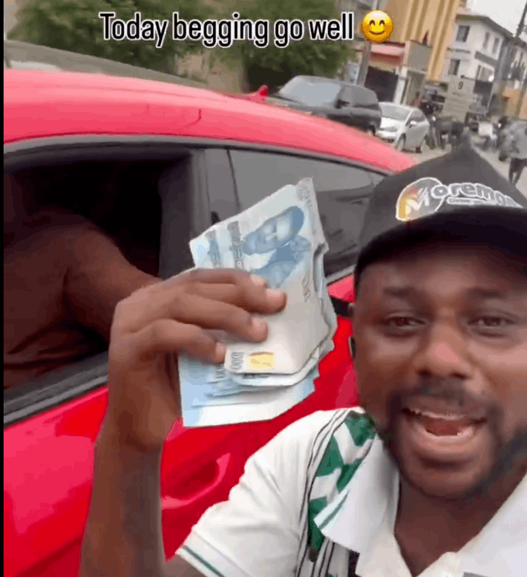 Lekki Street Boy holding cash beside a red car in a social media video about Lagos street begging and online attention.