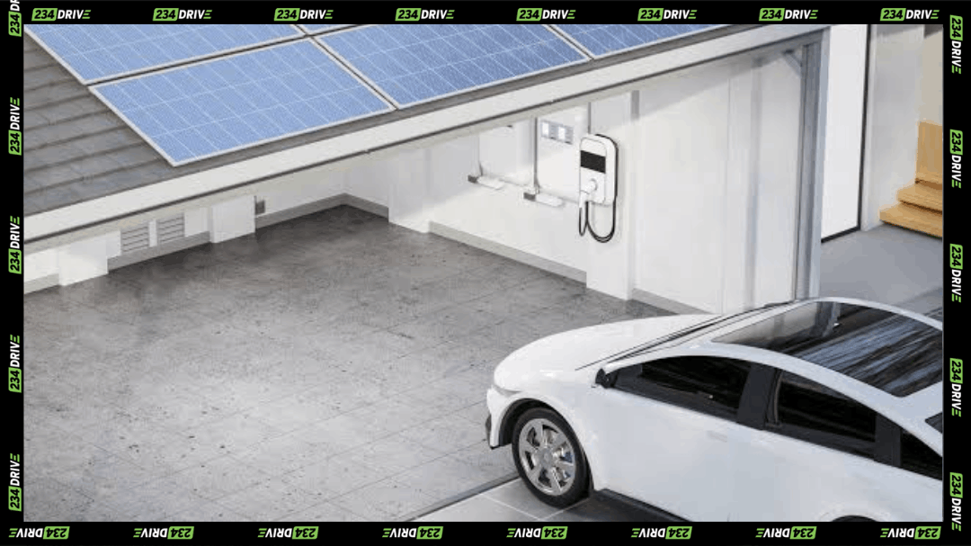 Home solar panels and EV charger illustrate 234Drive’s five-year comparison of a ₦40 million solar setup against ₦3m–₦21.2m grid charging.
