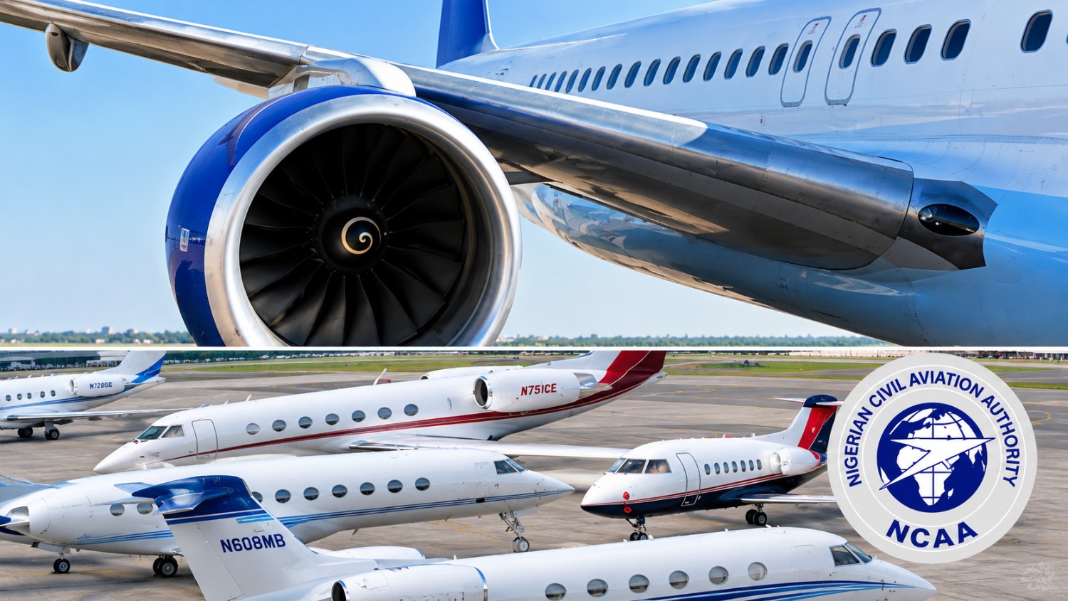 Nigerian Civil Aviation Authority logo and commercial aircraft at an airport