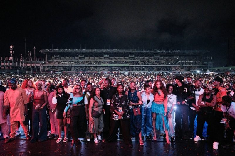 Cast and crew of Nollywood movie Black Market on stage before a massive crowd of over 50,000 attendees at Tafawa Balewa Square in Lagos.