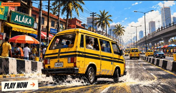 Gameplay illustration of a yellow bus splashing through water in the Danfo Run game