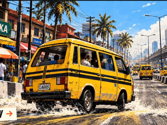 Gameplay illustration of a yellow bus splashing through water in the Danfo Run game
