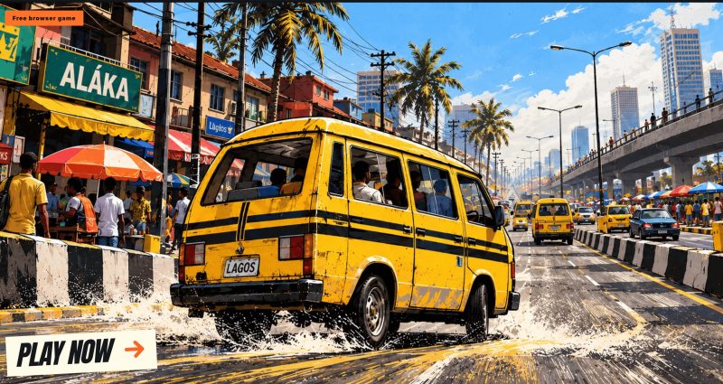 Gameplay illustration of a yellow bus splashing through water in the Danfo Run game