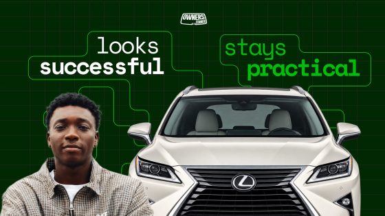 Timilehin beside a cream Lexus RX350 with the text “looks successful, stays practical”