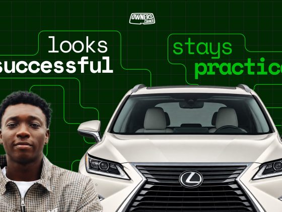 Timilehin beside a cream Lexus RX350 with the text “looks successful, stays practical”
