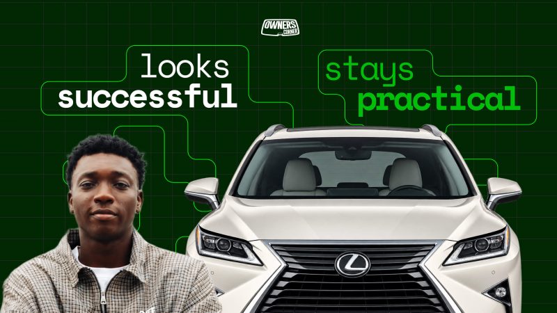 Timilehin beside a cream Lexus RX350 with the text “looks successful, stays practical”