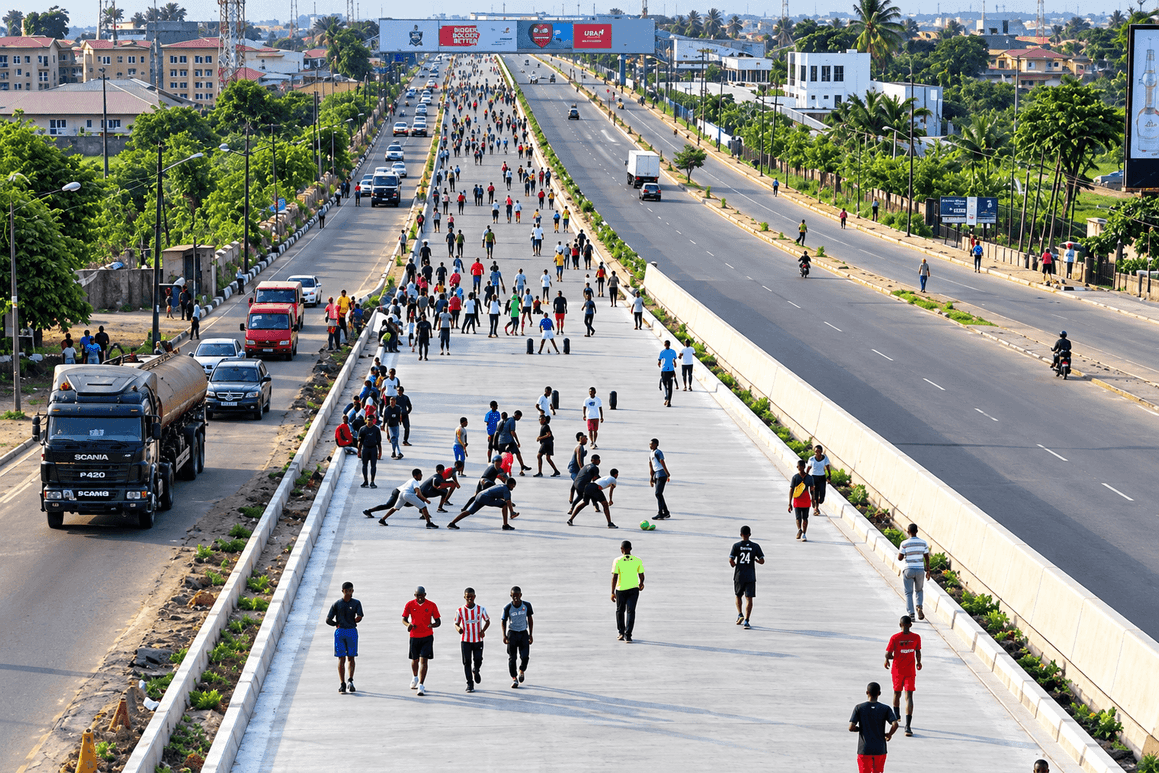 A large crowd of residents taking over a wide paved service lane along the Gbagada-Oshodi Expressway for group exercise.