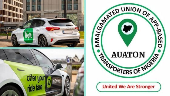 Bolt and inDrive cars beside the AUATON union logo, representing the Lagos ride-hailing drivers’ strike