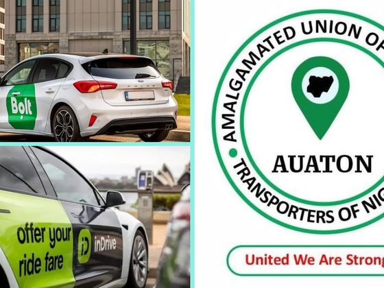 Bolt and inDrive cars beside the AUATON union logo, representing the Lagos ride-hailing drivers’ strike