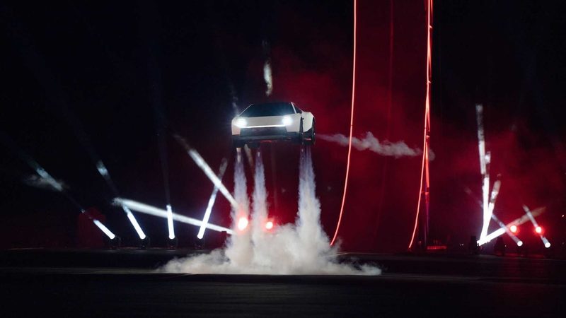 Tesla's rocket-powered Roadster prototype executing a short hop during its high-performance debut in Texas
