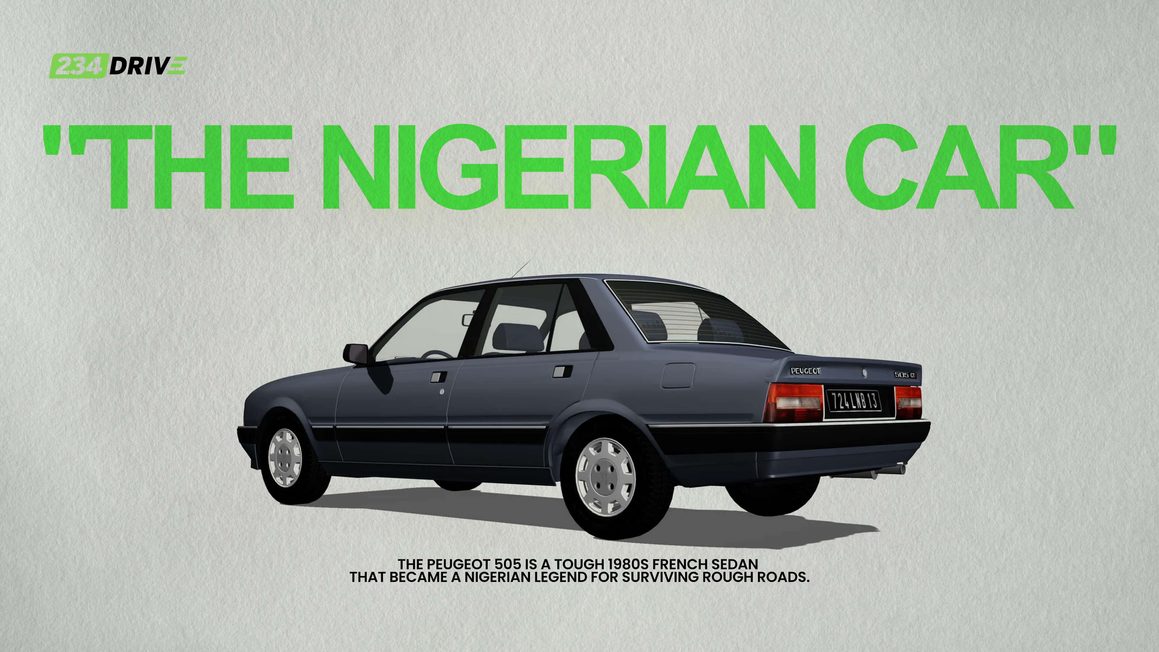 Illustration of a grey Peugeot 505 sedan under the heading "The Nigerian Car"
