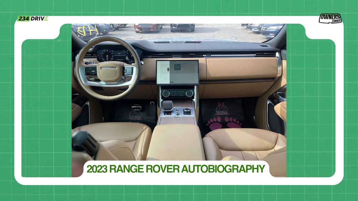 Interior of a 2023 Range Rover Autobiography with tan leather seats and a large central touchscreen